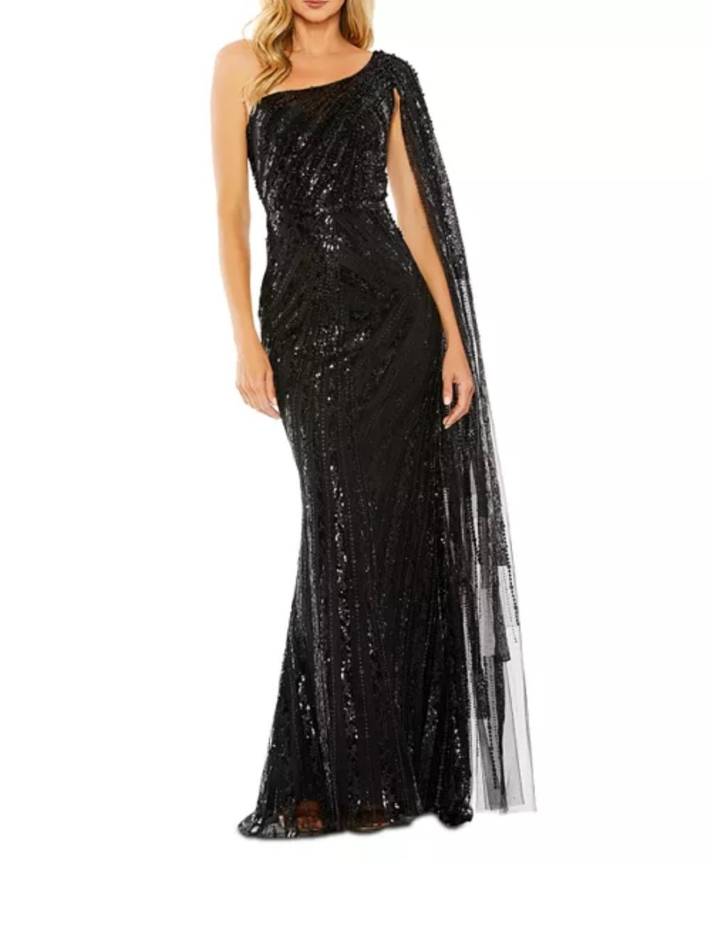 Mac Duggal Black One-Shoulder Sequin Gown with Draped Cape